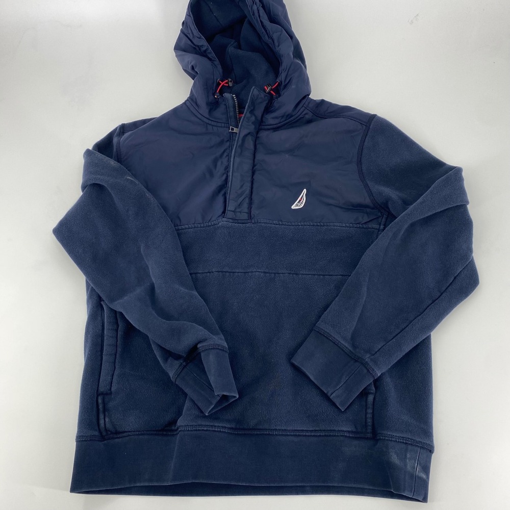 Nautica‎ Mens Navy Blue Fleece And Nylon Mix Hooded Pullover Sweatshirt Size M